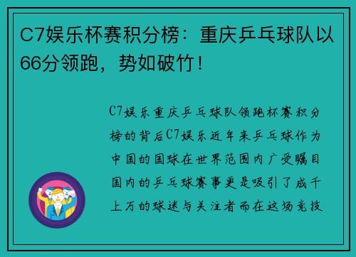 C7娱乐杯赛积分榜：重庆乒乓球队以66分领跑，势如破竹！